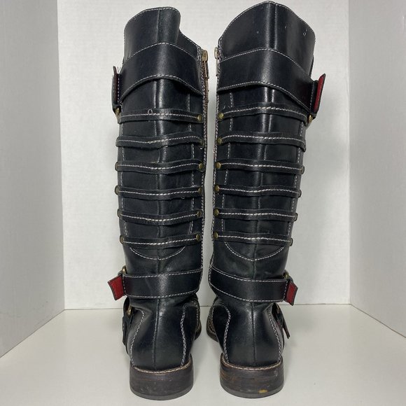 Lucky Brand Women Boots Knee High Combat Buckle Leather Black Sz 7 - Picture 6 of 16